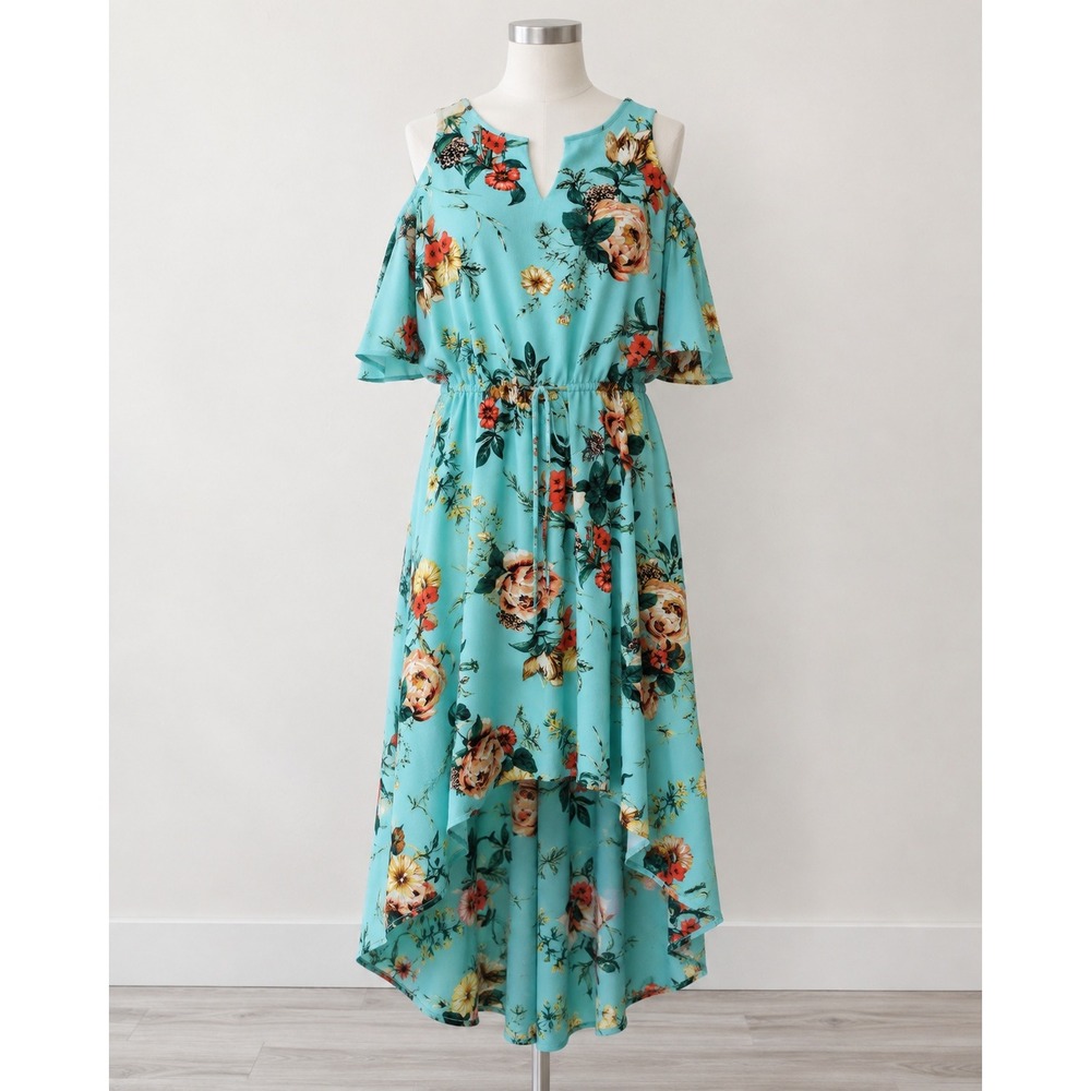 Belle Sky Dress Size Medium Women Aqua Floral Cold Shoulder High Low Maxi Dress